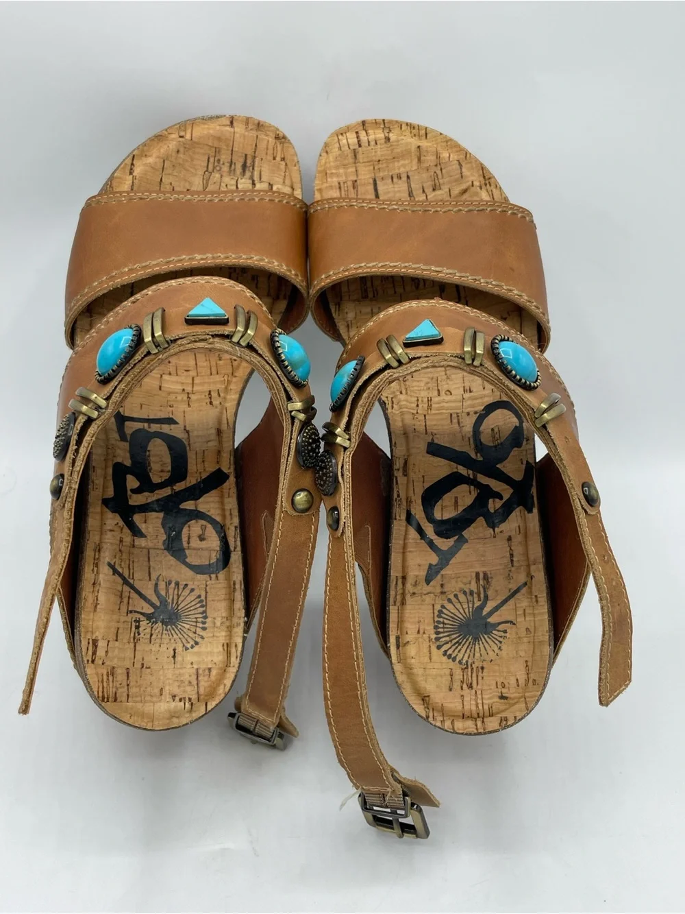 OTBT Layover Brown Leather Wedge Sandals with Turquoise and Metal Stone Accents.